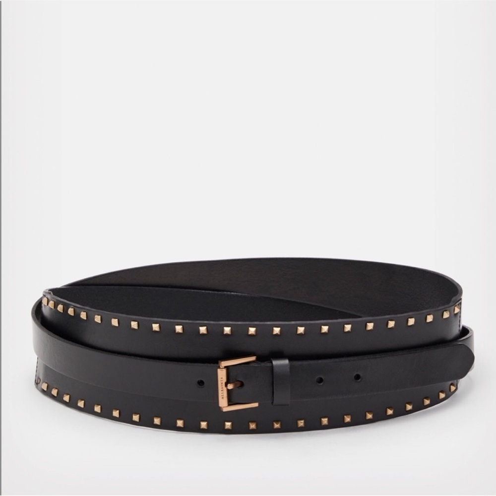 All Saints Black Leather Maxie Studded Belt with Gold Pyramid Studs - Picture 2 of 7